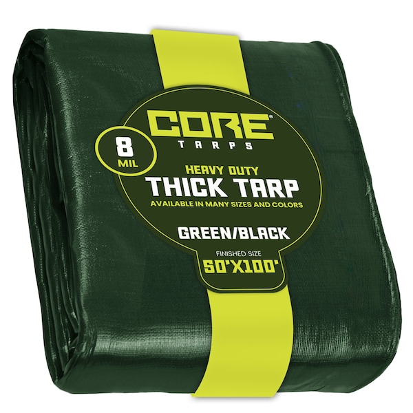 Core Tarps Heavy Duty Tarp, 100 ft L x 0.5 mm H x 50 ft W, 8 Mil, Green/Black, Polyethylene CT-403-50X100 - main